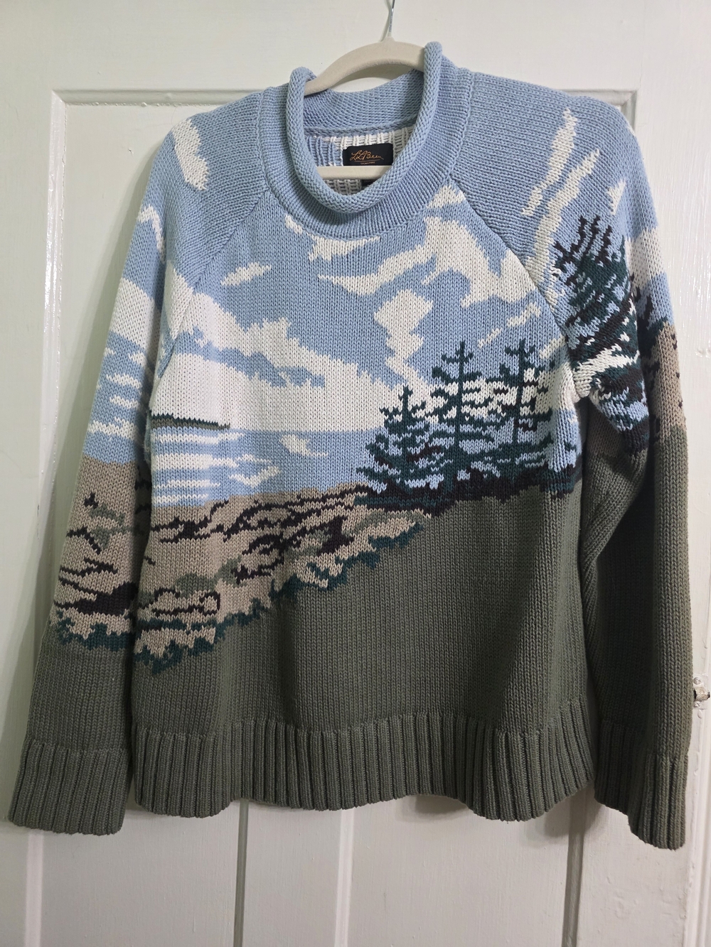 L.L. Bean Women's Turtleneck Sweater in Sky Blue & Olive with Scenic Intarsia - Picture 2 of 4